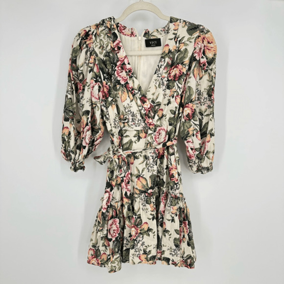 VICI Womens Floral Mini Dress Size S Puff Sleeves Bridal Shower Party Linen Boho - Picture 15 of 15